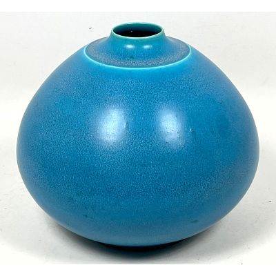 K.D. American Studio Pottery Vase. Rich Blue Glaze. on Bulbous Vessel. Artist's Marks. 
