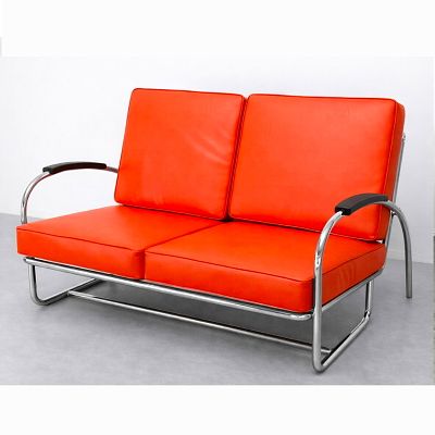 Orange Wolfgang Hoffmann Kem Weber style art deco chrome love seat Sofa. Dimensions: Height: 32 