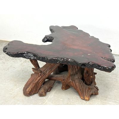 Live Edge Wood Slab Artisan Coffee Table. Naturalist Boomerang form Top supported by Driftwood 