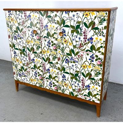 Large Swedish 2 Door Flora Cabinet with Fitted Interior. Applied floral Lithograph. Dimensions: 