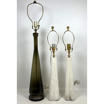 3pc Modern Table Lamps. Pr Four Lobed Tapered form Marble Lamps. Single Green Glass Long Necked 