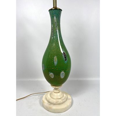 BALBOA Venetian Murano Art Glass Lamp. Green Teardrop form with Floral Cane Designs. Modernist 