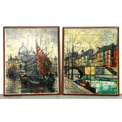 2pc NINOT Signed Modernist Paintings. Both Waterway Scenes. One has two domed buildings. One 