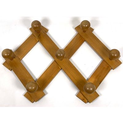 Danish pine wood accordion-style coat rack, Dimensions: Height: 20 inches, Width: 32 inches 