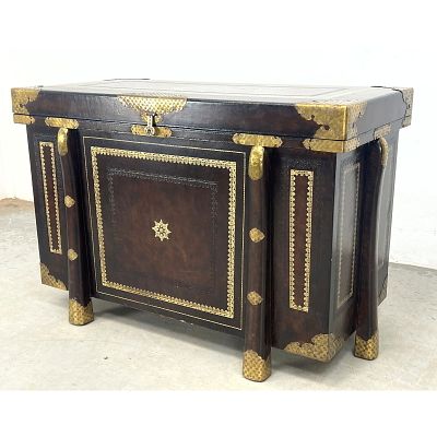 MAITLAND SMITH Empire style Tooled Embossed Leather Chest. Brown Leather Lift Top Trunk Has 