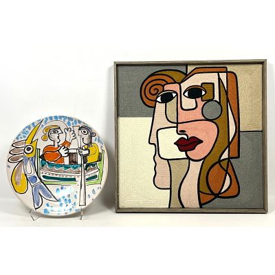 2pc Mid Century Modern Design. 1) De SIMONE Italian Pottery Charger. Figures in Boat Catching 