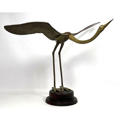 HATTAKIKOSOL SOMCHAI Brass Crane Sculpture. Long Legged Bird about to take flight. Signed 