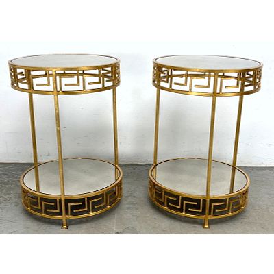 Pr Gilt Painted Metal Tabouret Side Tables. Round Cylindrical forms have two bands of Greek Key 