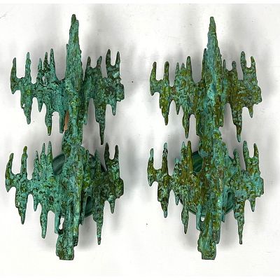 Pair Brutalist Bronze Sculptures Converted to wall sconces. Green Finish Dimensions: Height: 13 