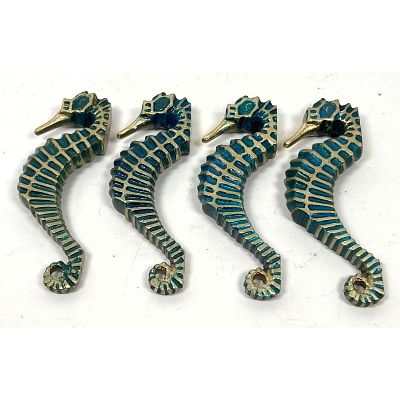 Set 4 Bronze Seahorse Door Hardware. Painted highlights. Figural Sea Horse. Dimensions: Height: 