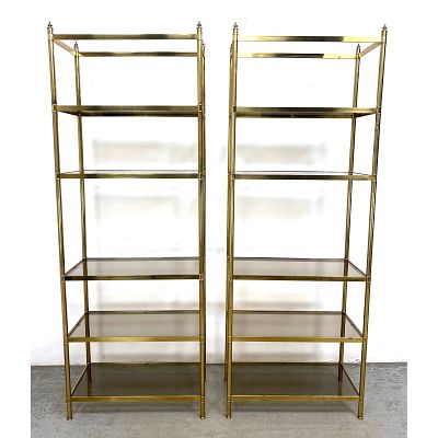 Pr Regency style Brass Tone Etagere Display Shelves. 83" Tall Shelf Units have Smoked Glass 