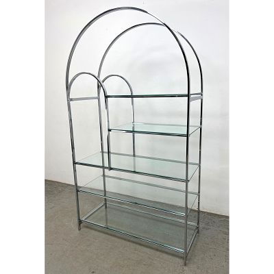 Milo Baughman style Chrome Double Arch Etagere Modern Display Shelves. Glass Shelves. 