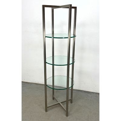 Modernist Tall Chrome Frame Etagere Display Shelves. Round Glass Shelves. Dimensions: Height: 
