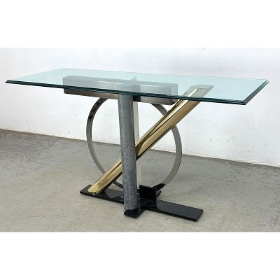 DESIGN INSTITUTE of AMERICAN Mixed Metal Console Table. KAIZO OTO for DIA. Glass Top above base 