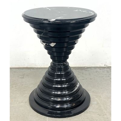 Modernist Hourglass form Side Table. Black Marbled Composition Geometric Stepped design form. 