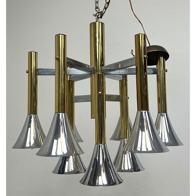 Mid Century Modern Lightolier Brass and Chrome Trumpet Chandelier. Dimensions: Height: 26 