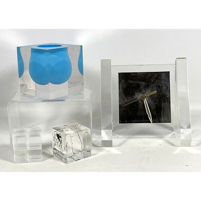 4pcs Mid Century Modern Acrylic. Puzzle cube, Picasso decorated, Clock, Jonathan Adler Vase. 