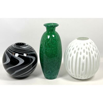 3pc Contemporary Studio Glass Vases. 1) Green Trapped Air Bubble Flared Rim Form. 2) White Cut 