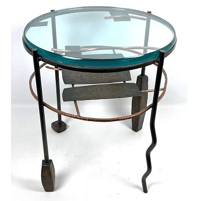 Artisan Studio GARY MAGAKIS Memphis style Drink Table. Thick Round Glass Top supported by Mixed 