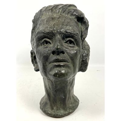 Signed Vintage Portrait Bust Bronze Sculpture. Female with Long Hair Collected in bun. Artist 