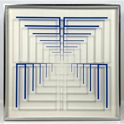 Mon Levinson "Blue Staircase" screenprint on Plexiglas, circa 1969. Graphic OP ART. Not Marked 