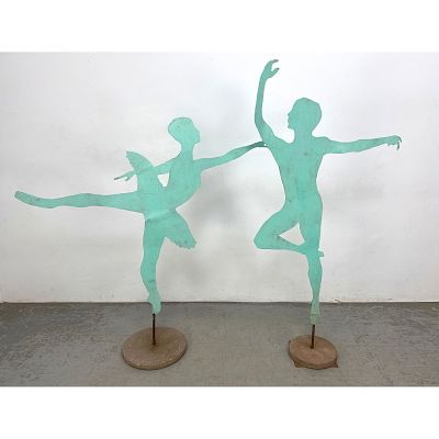 Pr 68" Tall Silhouette Sheet Metal Sculptures. Painted Finish. Male and Female Ballet Dancers. 