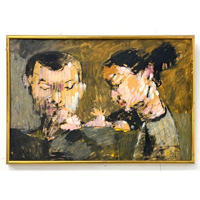 Fujita Modernist Painting on Board. Happy Moment. Dimensions: Height: 20.5 inches, Width: 29.5 