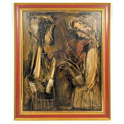 Modernist Painting. Two Veiled Women; One Playing Violin. Signed illegibly L/L. Dimensions: 