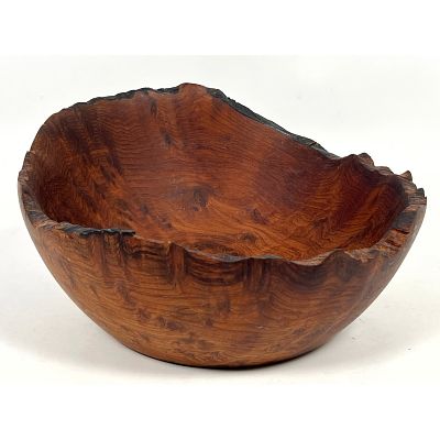 Korbly Studio Turned Bowl. Highly figured redwood burl, exhibiting a rich reddish-brown tone 