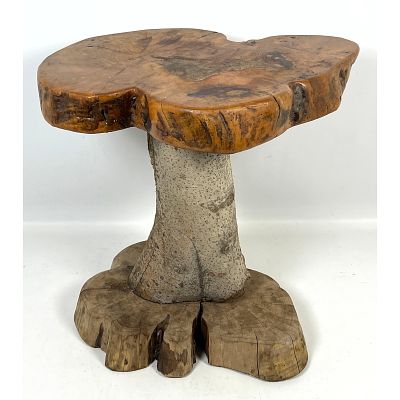 Small Rustic Side Pedestal Drink Stand Table. Mushroom Design. Dimensions: Height: 18.5 inches 