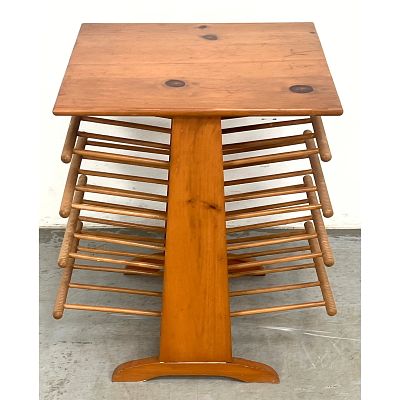 Mid Century Modern Pine Magazine Side Table. Dimensions: Height: 23 inches, Width: 22 inches 
