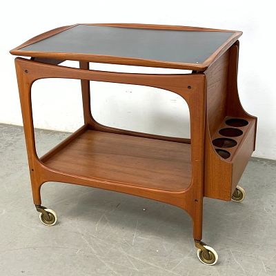 Quality BRDR DALSGAARD Mid Century Modern Teak Bar Cart. Inset Black Laminate Top. Hanging 