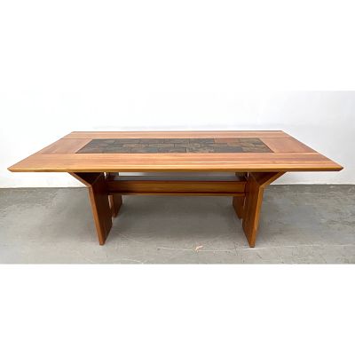 Decorator Custom Cherry and Slate Dining Table with Angled Base. Dimensions: Height: 28 inches 
