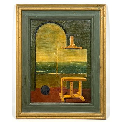 Surrealist Painting on Board After Rene Magritte Dimensions: Frame Height: 16 inches, Frame 
