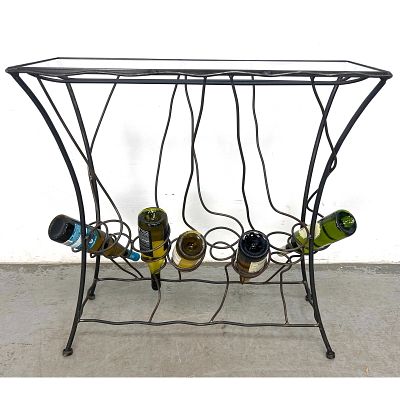 Contemporary Wine Bottle Console Serving Table. Dimensions: Height: 31.5 inches, Width: 32 