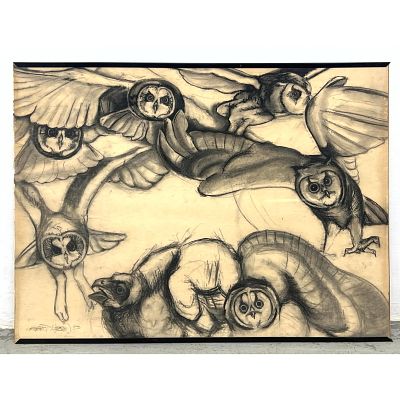 Large-scale work on toned paper is executed in charcoal or conte crayon. Artist Signed Geoff P 