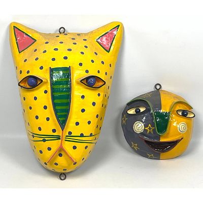 2pcs Hand-painted papier-mache wall masks by artist Gina Truex, Dimensions: Height: 14.5 inches 