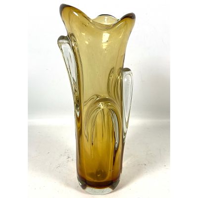Mid Century Modern Art Glass Vase. Amber and Clear. Probably Murano. Dimensions: Height: 17 