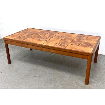 Trioh Danish Modern Teak and Carved Tile Coffee Table. Fern Leaf design. Dimensions: Height: 