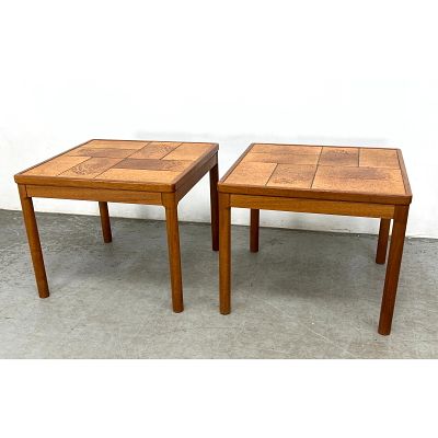 Pr Trioh Danish Modern Teak and Carved Tile Side Tables. Fern Leaf design. Dimensions: Height: 