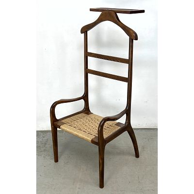 Amcrest Mid-Century Modern Sculpted Wood Gentleman's Clothing Valet Butler Chair Cord Seat. 