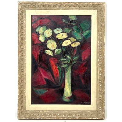 Oil painting on canvas. Modernist botanical. Signed Roberts. Gallery stamp and label. 