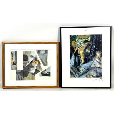 2pcs Mid Century Modern Art. Hand-embellished mixed media print by Barry Kite and a 