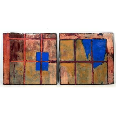 Pair Enamel on Copper Wall Art Panels, Abstract Design. Signed on the back Dimensions: Height: 