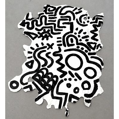 Large vintage Keith Haring style painting on leather hide Dimensions: Height: 53 inches, Width: 