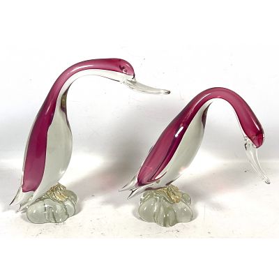 Pair Large Murano Art Glass Bird Sculptures. Hand Blown. Dimensions: Height: 12 inches, Width: 