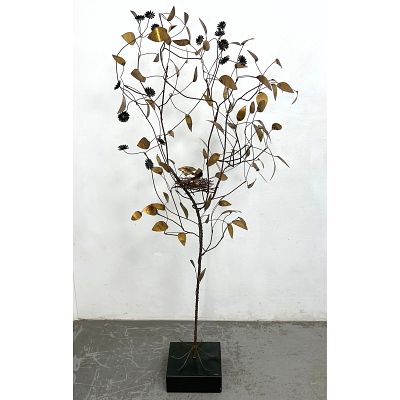 C. Jere Floor Standing Mixed Metal Tree Sculpture. Dimensions: Height: 61.5 inches, Width: 9.5 