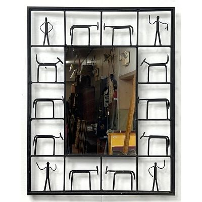After FREDERIC WEINBERG Iron Figural Frame Wall Mirror. Iron Stick Animal and Human Figures. 