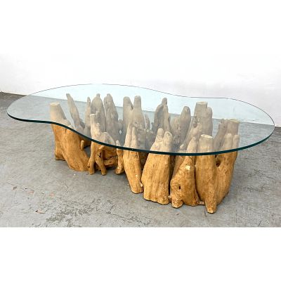 Decorator Cyprus Root Coffee Table with Shaped Glass Top. Dimensions: Height: 16 inches, Width: 