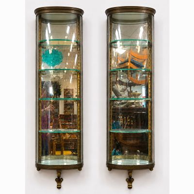 Pair 5ft Superb Bronze Wall Mount Curio Display Cabinets. Depose J.M. Paris. Curved glass with 